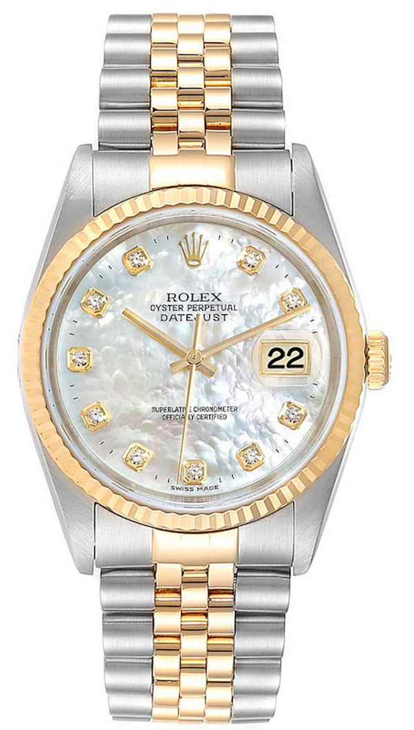 Rolex Datejust 36mm Two-Tone Yellow Gold Fluted Bezel Mother of Pearl Diamond Factory Dial Jubilee - 16233