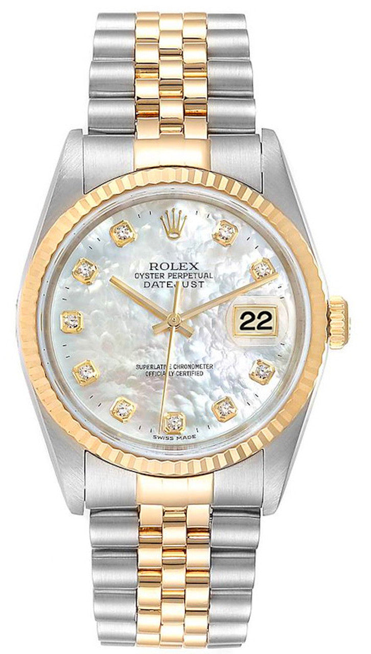 Rolex Datejust 36mm Two-Tone Yellow Gold Fluted Bezel Mother of Pearl Diamond Factory Dial Jubilee - 16233