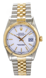 Rolex Datejust 36mm Two-Tone Yellow Gold Fluted Bezel White Index Factory Dial Jubilee - 16013