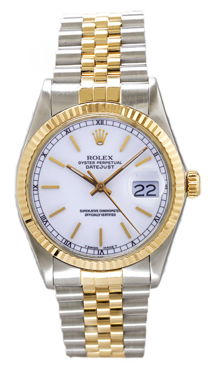 Rolex Datejust 36mm Two-Tone Yellow Gold Fluted Bezel White Index Factory Dial Jubilee - 16013