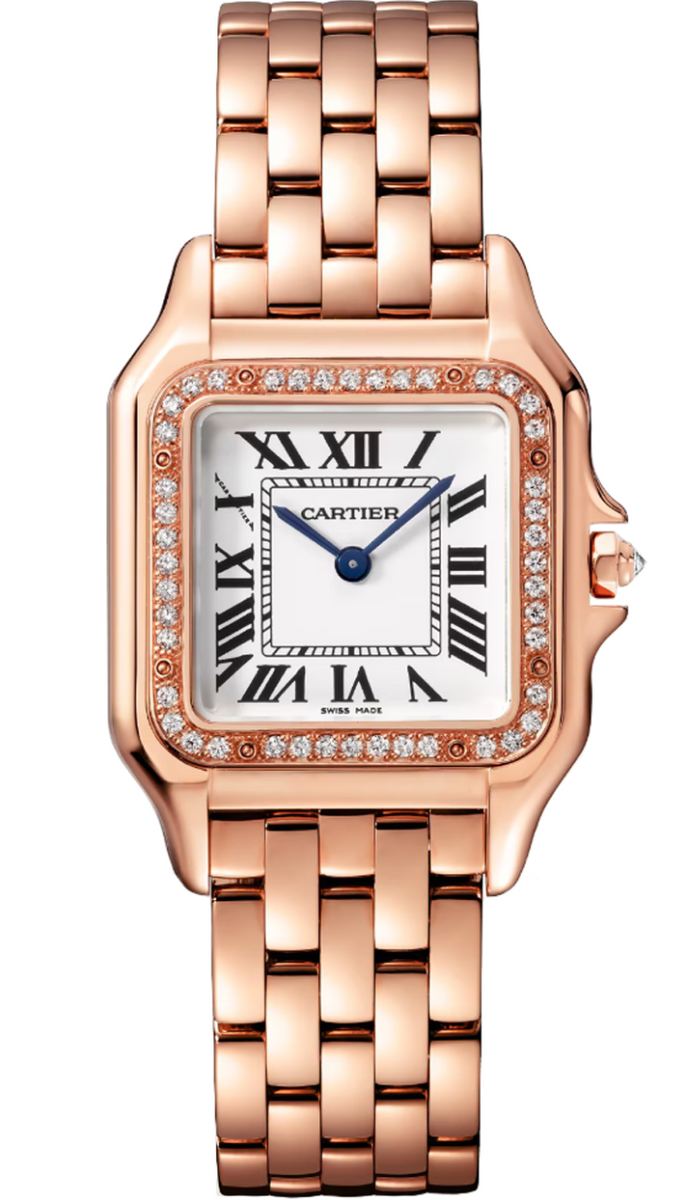 Panthẻre De Cartier Medium 18K Rose Gold Silvered Dial Diamond Bezel -
