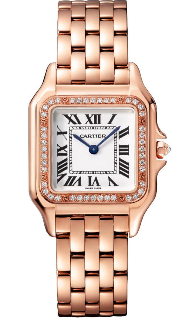 Panthẻre De Cartier Medium 18K Rose Gold Silvered Dial Diamond Bezel WJPN0009