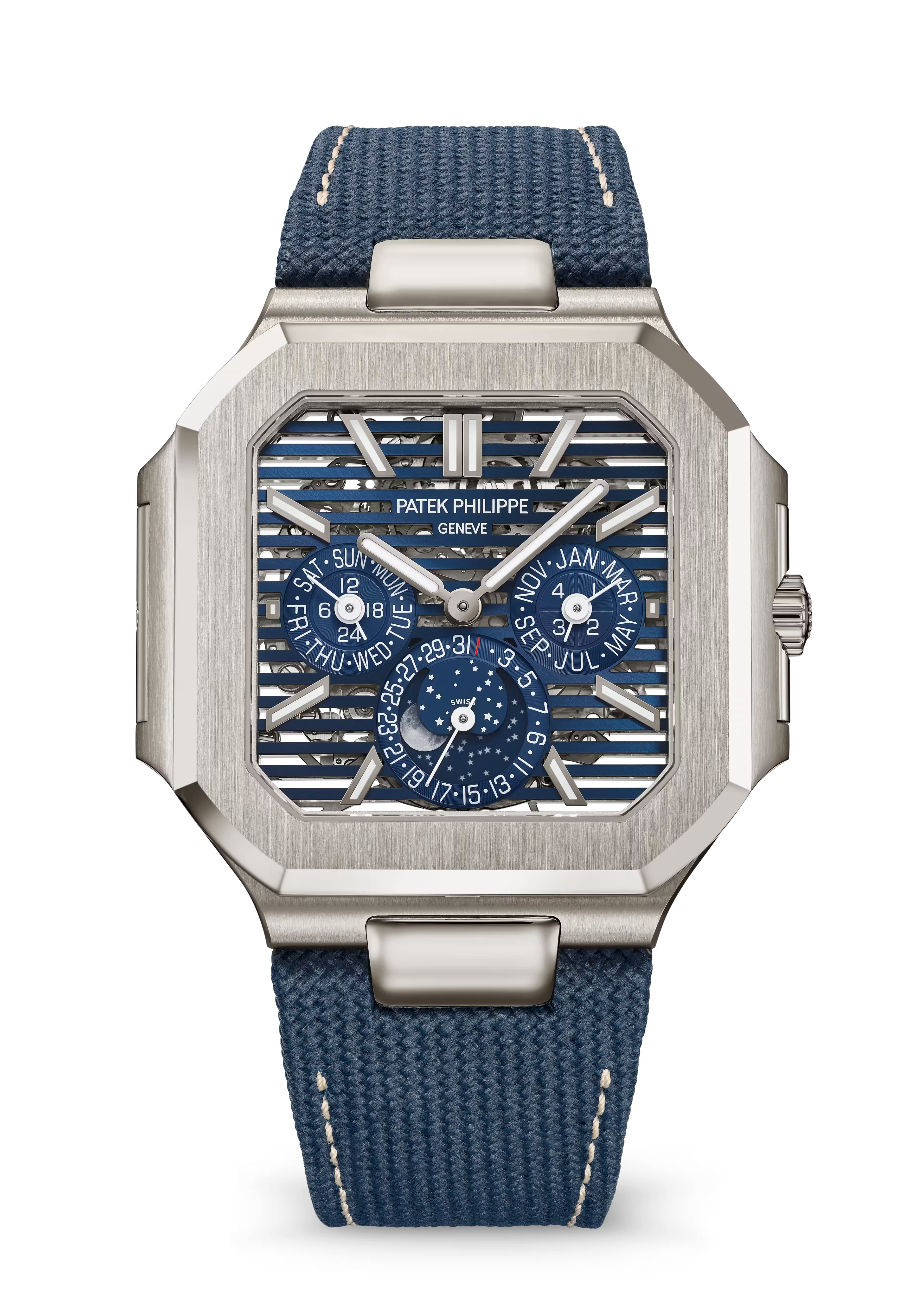Watch with blue strap and silver case on a white background