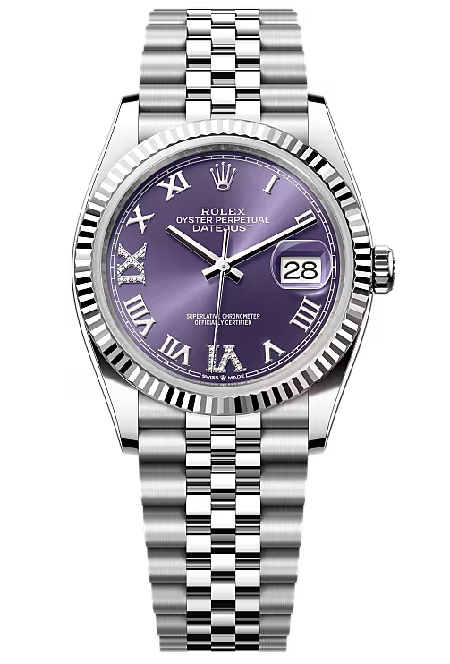 Rolex Datejust 36mm Aubergine Roman Diamond Dial Fluted Bezel Jubilee Bracelet 126234 – New 2025