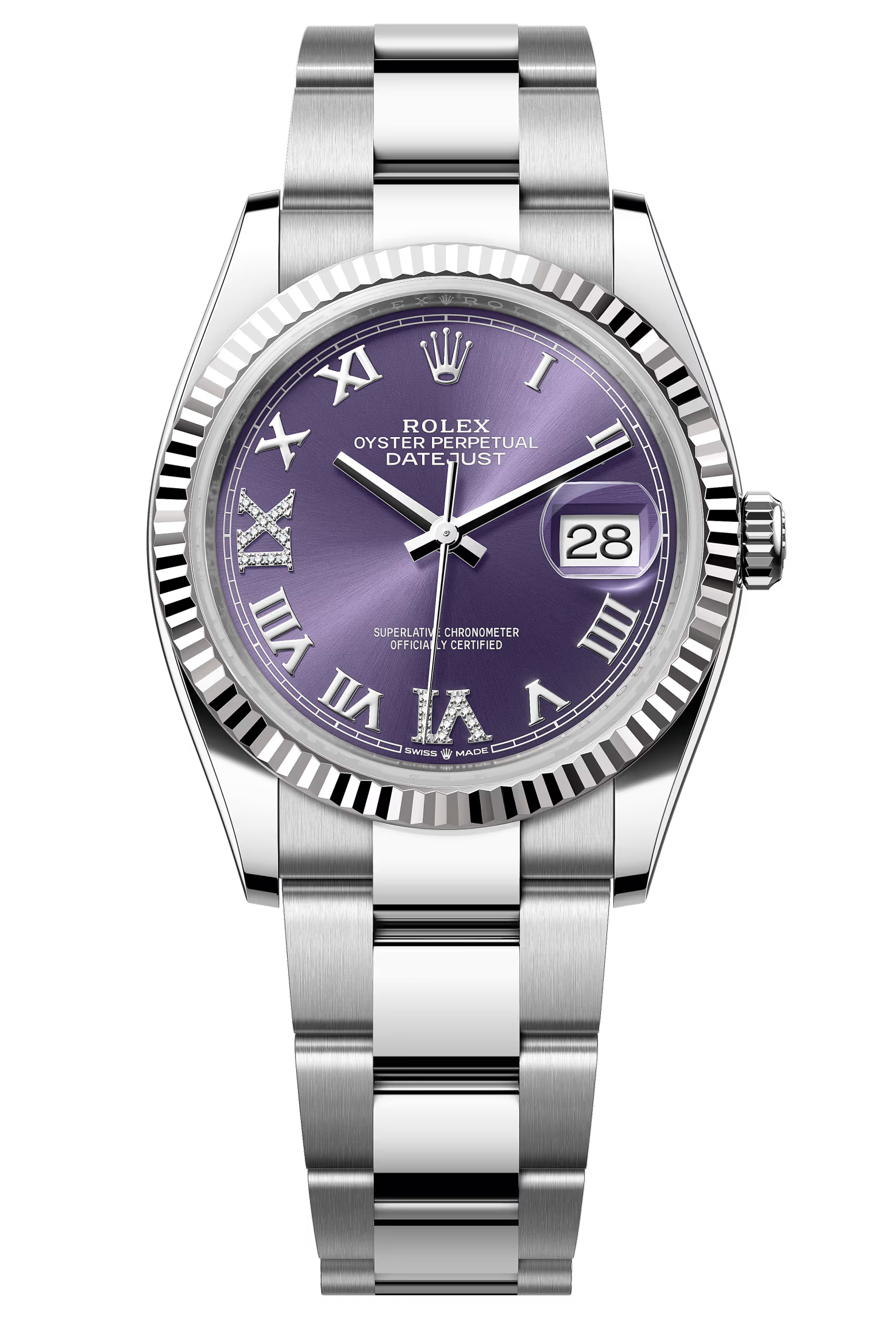 Rolex Datejust 36mm Aubergine Roman Diamond Dial Fluted Bezel Oyster Bracelet 126234 – New 2025