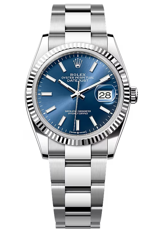 Rolex Datejust 36mm Blue Index Dial Fluted Bezel Oyster Bracelet 126234 – New 2025