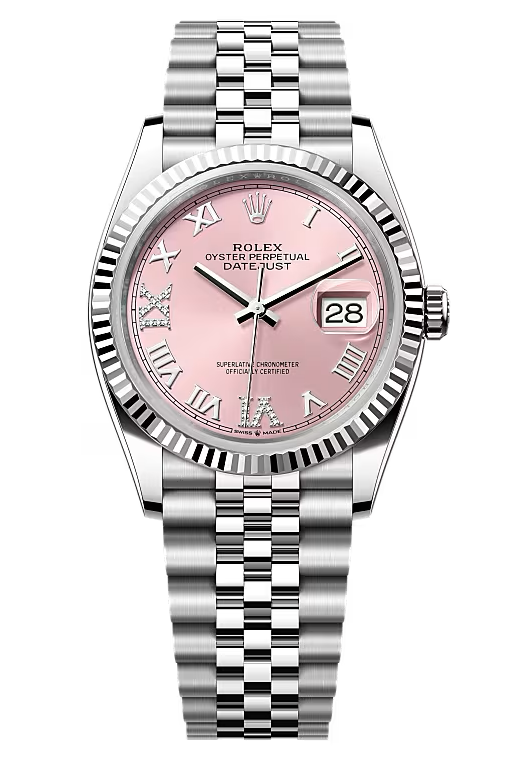 Rolex Datejust 36mm Pink Roman Diamond Dial Fluted Bezel Jubilee Bracelet 126234 – New 2025