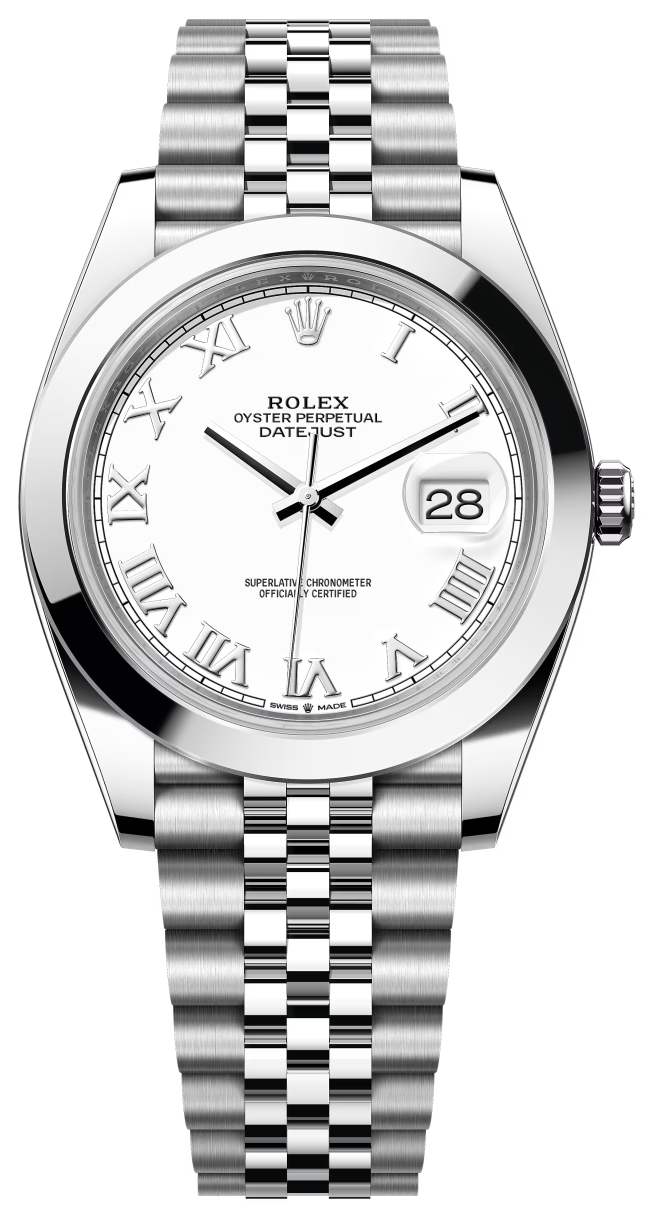 Rolex Datejust 41mm White Roman Dial Smooth Bezel Jubilee Bracelet 126300 – New 2025