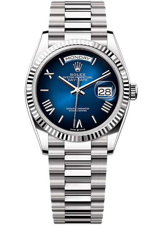 Rolex Day-Date "President" 36mm White Gold Blue Roman Ombre Dial - 128239 - New 2025