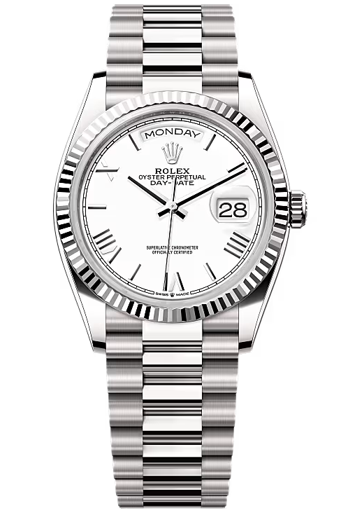 Rolex Day-Date “President” 36mm White Gold White Roman Dial – 128239 – New 2025