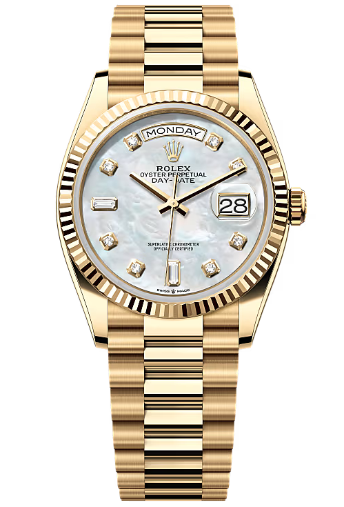 Rolex Day-Date "President" 36mm Yellow Gold Mother of Pearl Diamond Dial - 128238 - New 2025