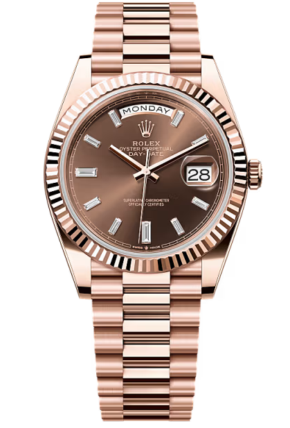 Rolex Day-Date "President" 40mm Everose Gold Chocolate Diamond Baguette Dial - 228235 - New 2025