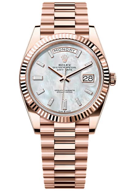 Rolex Day-Date "President" 40mm Everose Gold Mother of Pearl Diamond Baguette Dial - 228235 - New 2025 / 2026
