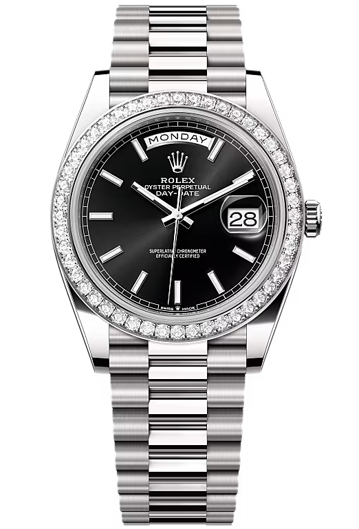 Rolex Day-Date "President" 40mm White Gold Black Index Dial Diamond Bezel - 228349RBR - New 2026