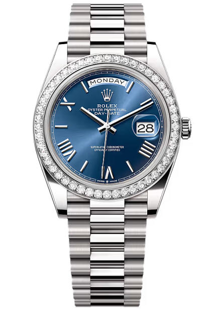 Rolex Day-Date "President" 40mm White Gold Blue Roman Dial Diamond Bezel – 228349RBR – New 2026