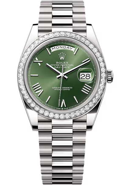 Rolex Day-Date "President" 40mm White Gold Green Roman Dial Diamond Bezel – 228349RBR – New 2026