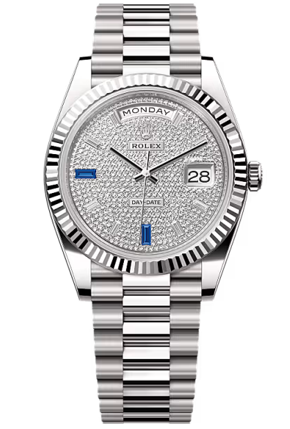 Rolex Day-Date "President" 40mm White Gold Pave Diamond Sapphire Dial - 228239 - New 2025