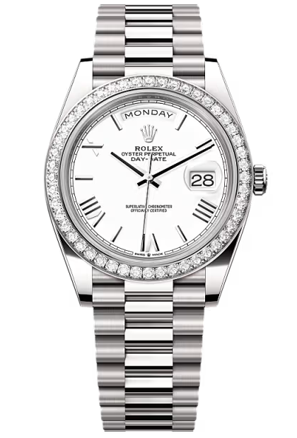Rolex Day-Date "President" 40mm White Gold White Roman Dial Diamond Bezel – 228349RBR – New 2026