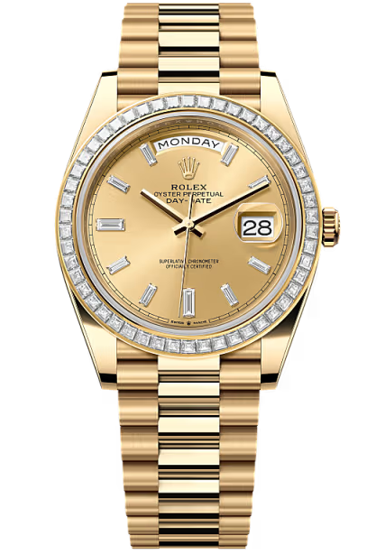 Rolex Day-Date "President" 40mm Yellow Gold Champagne Diamond Baguette Dial Trapeze Diamond Bezel – 228398TBR – New 2026