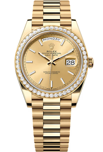 Rolex Day-Date "President" 40mm Yellow Gold Champagne Index Dial Diamond Bezel – 228348RBR – New 2025