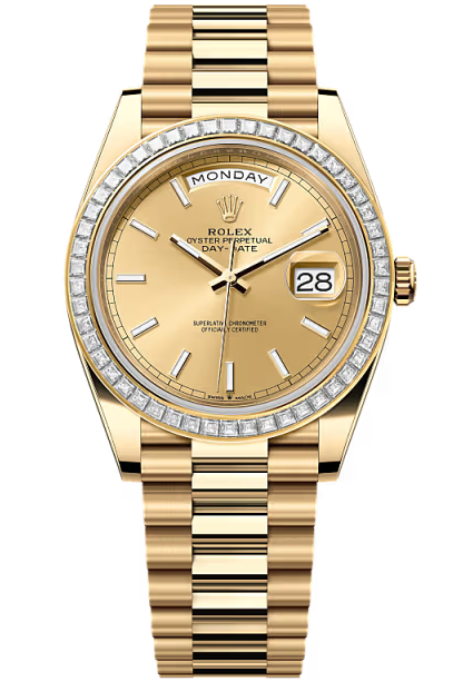 Rolex Day-Date "President" 40mm Yellow Gold Champagne Index Dial Trapeze Diamond Bezel – 228398TBR – New 2026