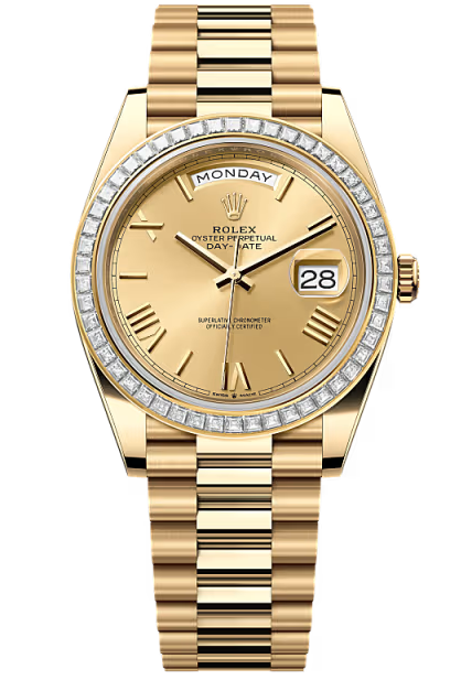Rolex Day-Date "President" 40mm Yellow Gold Champagne Roman Numeral Dial Trapeze Diamond Bezel – 228398TBR – New 2026