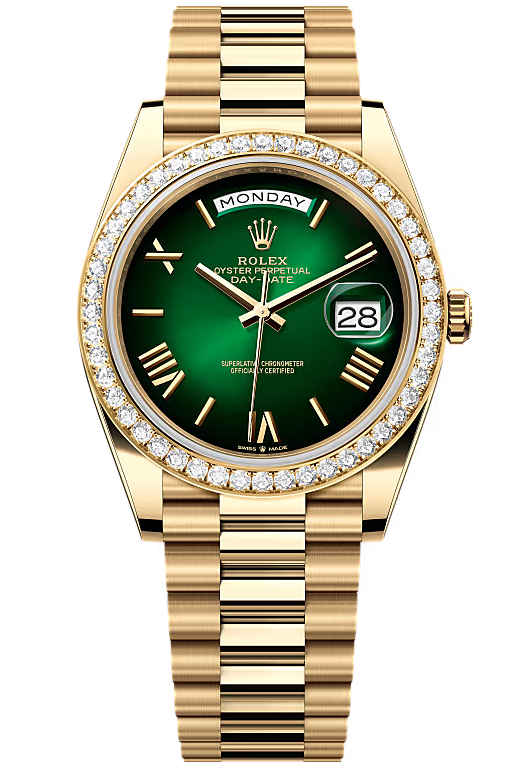 Rolex Day-Date "President" 40mm Yellow Gold Green Ombre Dial Diamond Bezel - 228348RBR - New 2025