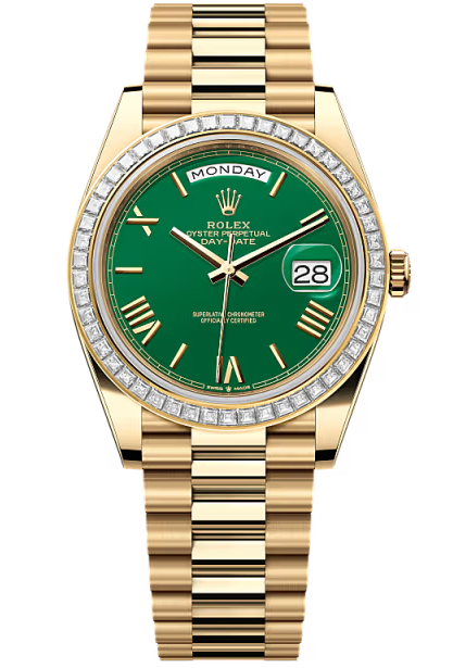 Rolex Day-Date "President" 40mm Yellow Gold Green Roman Dial Trapeze Diamond Bezel – 228398TBR – New 2026