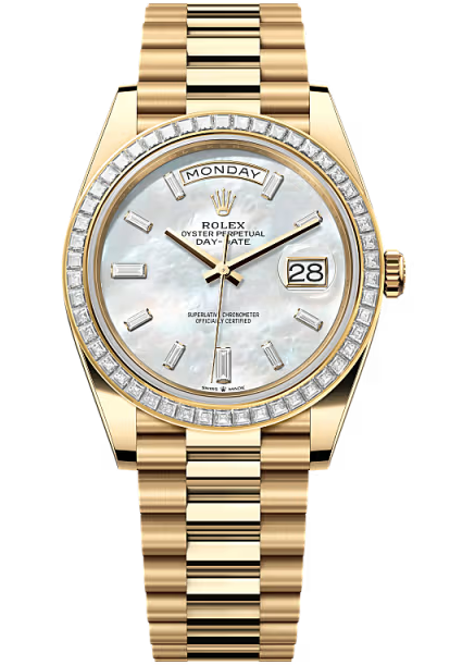 Rolex Day-Date “President” 40mm Yellow Gold Mother of Pearl Diamond Baguette Dial Trapeze Diamond Bezel – 228398TBR – New 2026