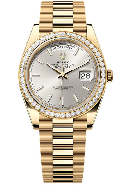 Rolex Day-Date "President" 40mm Yellow Gold Silver Index Dial Diamond Bezel – 228348RBR – New 2026