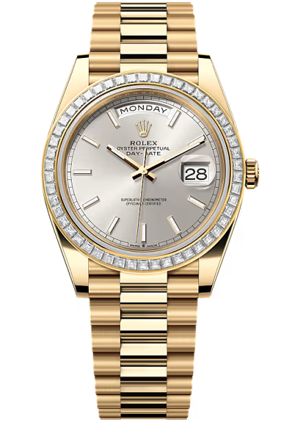 Rolex Day-Date "President" 40mm Yellow Gold Silver Index Dial Trapeze Diamond Bezel – 228398TBR – New 2026