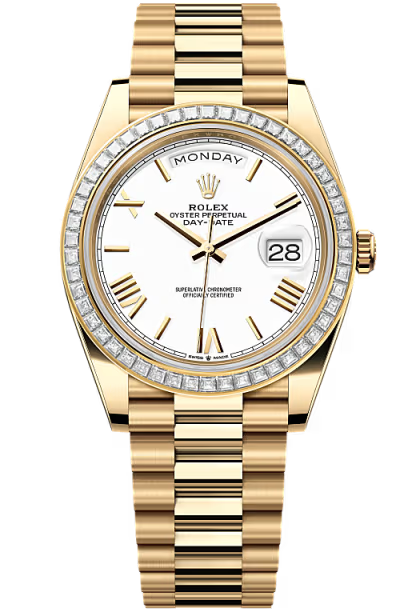 Rolex Day-Date "President" 40mm Yellow Gold White Roman Dial Trapeze Diamond Bezel – 228398TBR – New 2026