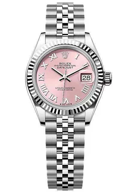 Rolex Lady-Datejust 28mm Pink Roman Dial Fluted Bezel Jubilee Bracelet 279174 – New 2025