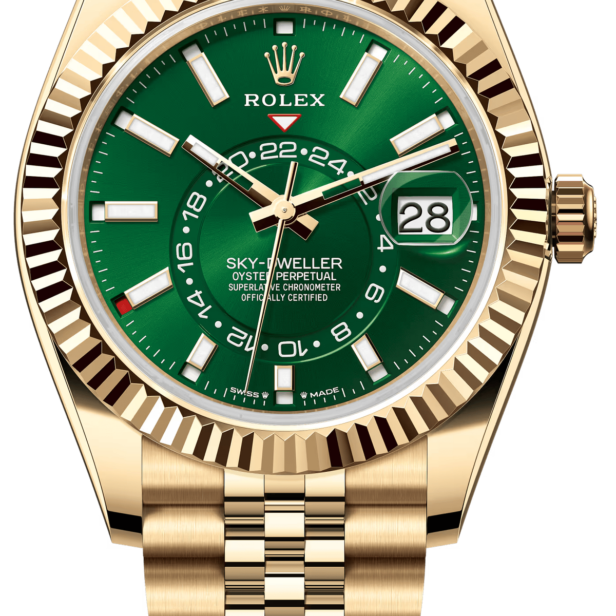 Rolex Sky-Dweller 42mm Yellow Gold Bright Green Dial Jubilee Bracelet