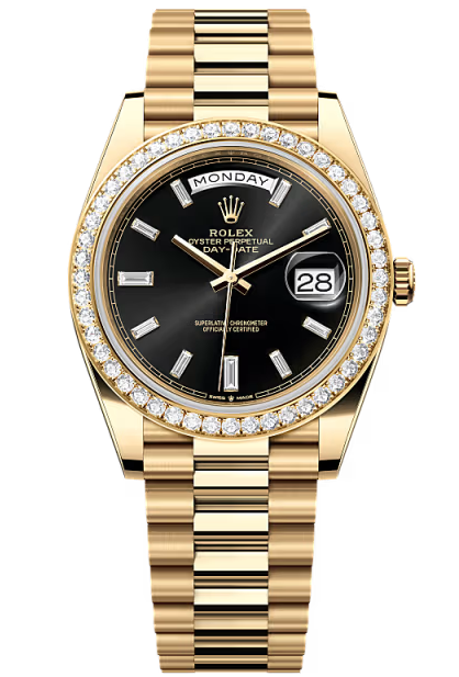 Rolex Yellow Gold President Day Date 40mm Black Diamond Baguette Dial Diamond Bezel – 228348RBR – New 2026