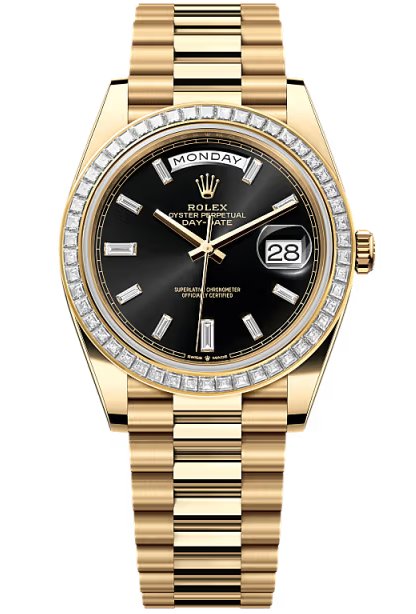 Rolex Yellow Gold President Day Date 40mm Black Diamond Baguette Dial Trapeze Diamond Bezel – 228398TBR – New 2026