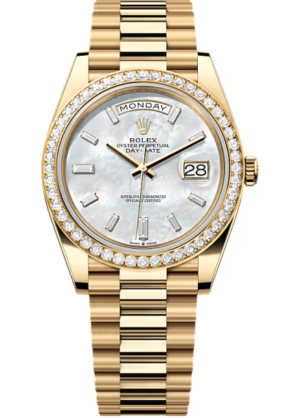 Rolex Yellow Gold President Day Date 40mm Mother of Pearl Diamond Baguette Dial Diamond Bezel – 228348RBR – New 2026