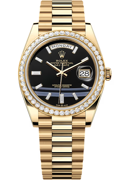 Rolex Yellow Gold President Day Date 40mm Onyx Diamond Dial Diamond Bezel – 228348RBR – New 2026