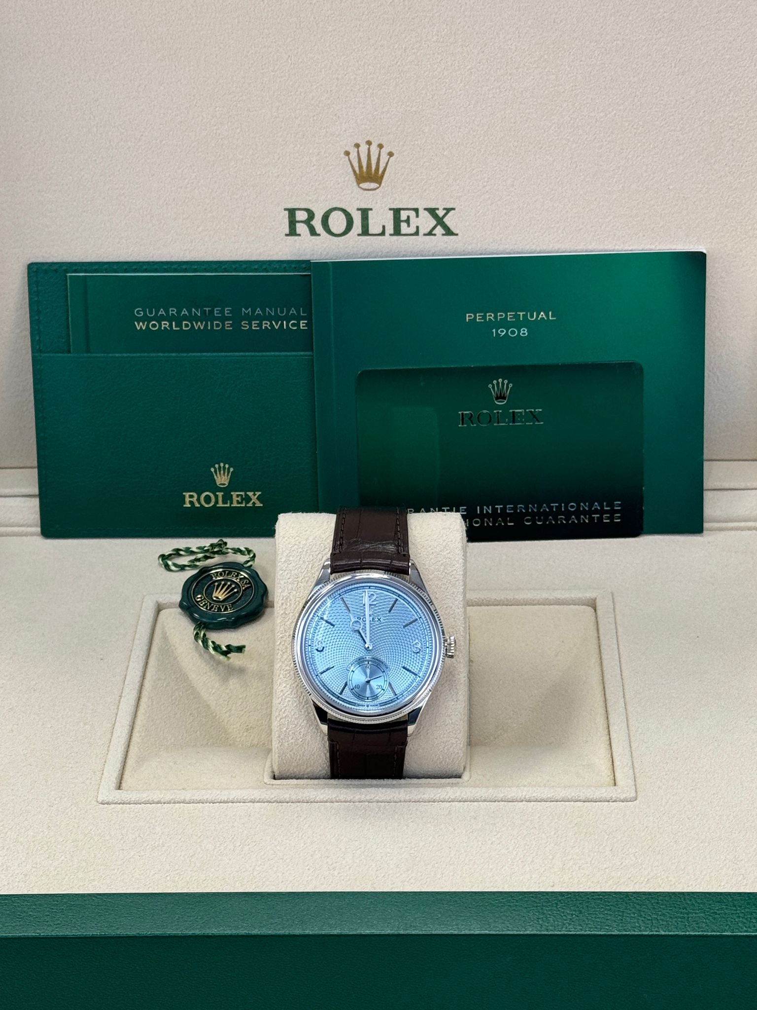 Rolex Perpetual 1908 39 mm 52506 Platinum Ice Blue Dial Brown