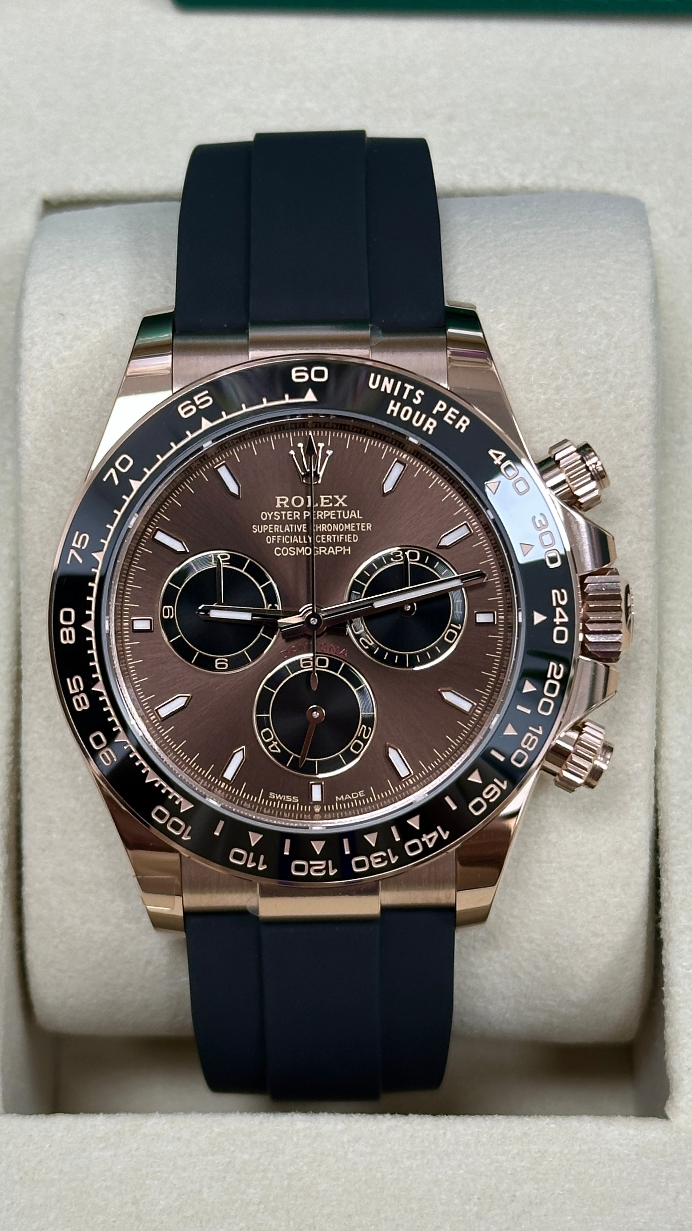 Rolex Cosmograph Daytona 40mm Everose Gold Chocolate Index Dial Black