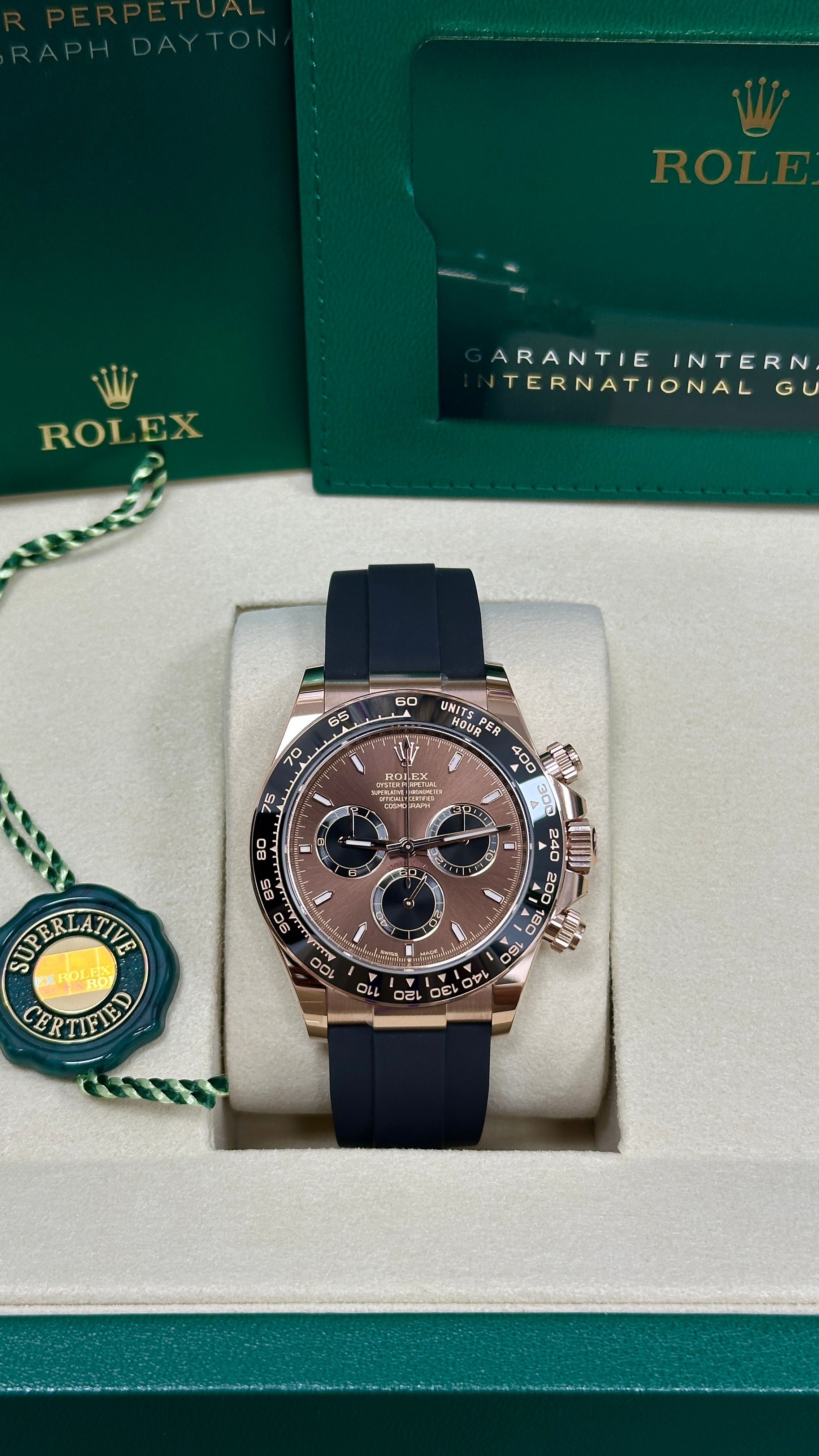 Rolex Cosmograph Daytona 40mm Everose Gold Chocolate Index Dial Black Ceramic