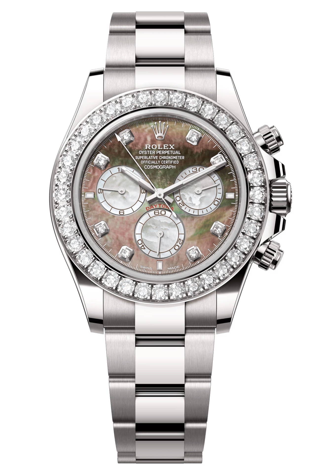 Rolex Cosmograph Daytona 40mm White Gold Mother of Pearl Dial Diamond Bezel