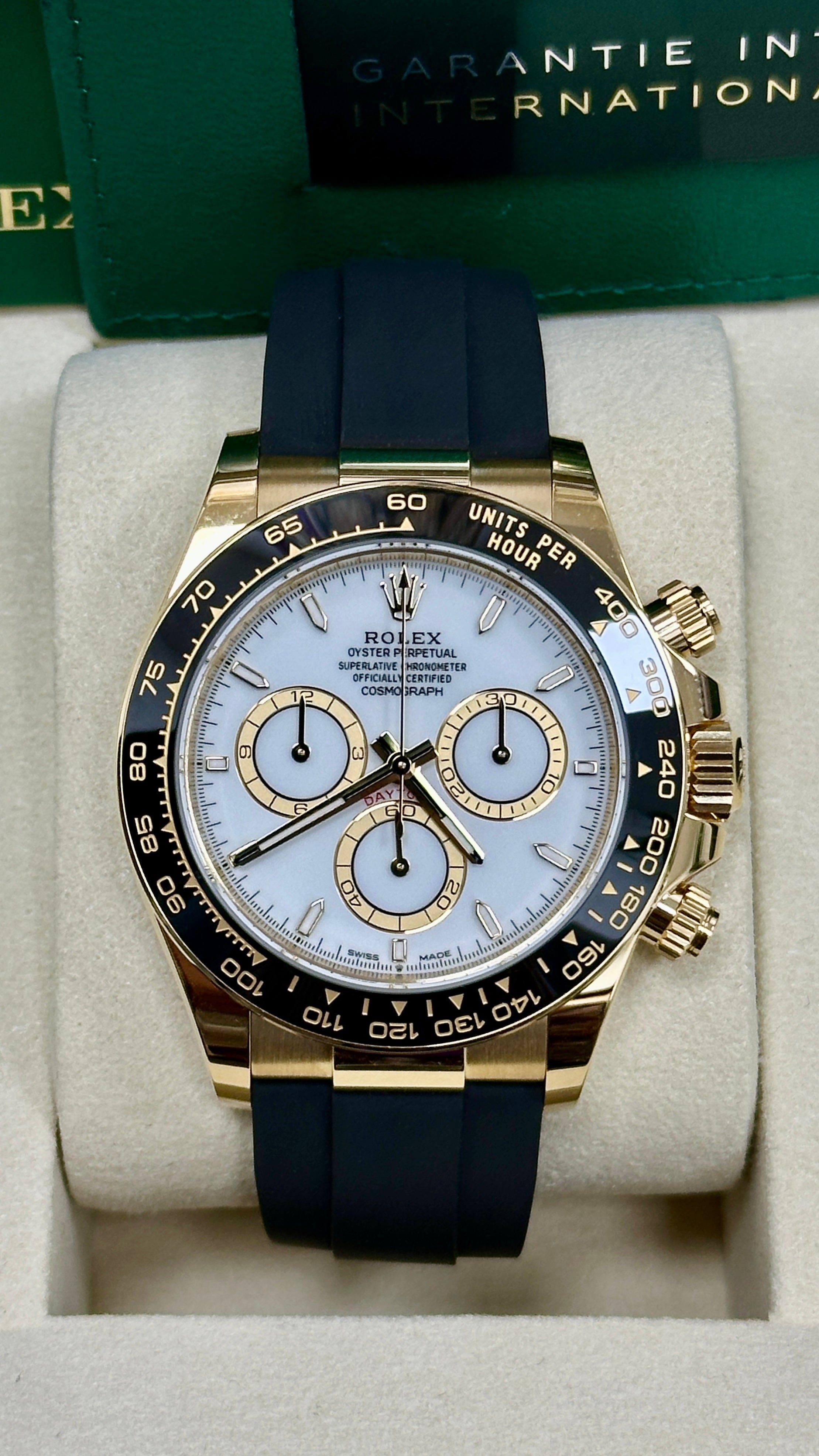 Rolex Cosmograph Daytona 40mm Yellow Gold White Dial Black Ceramic Bezel
