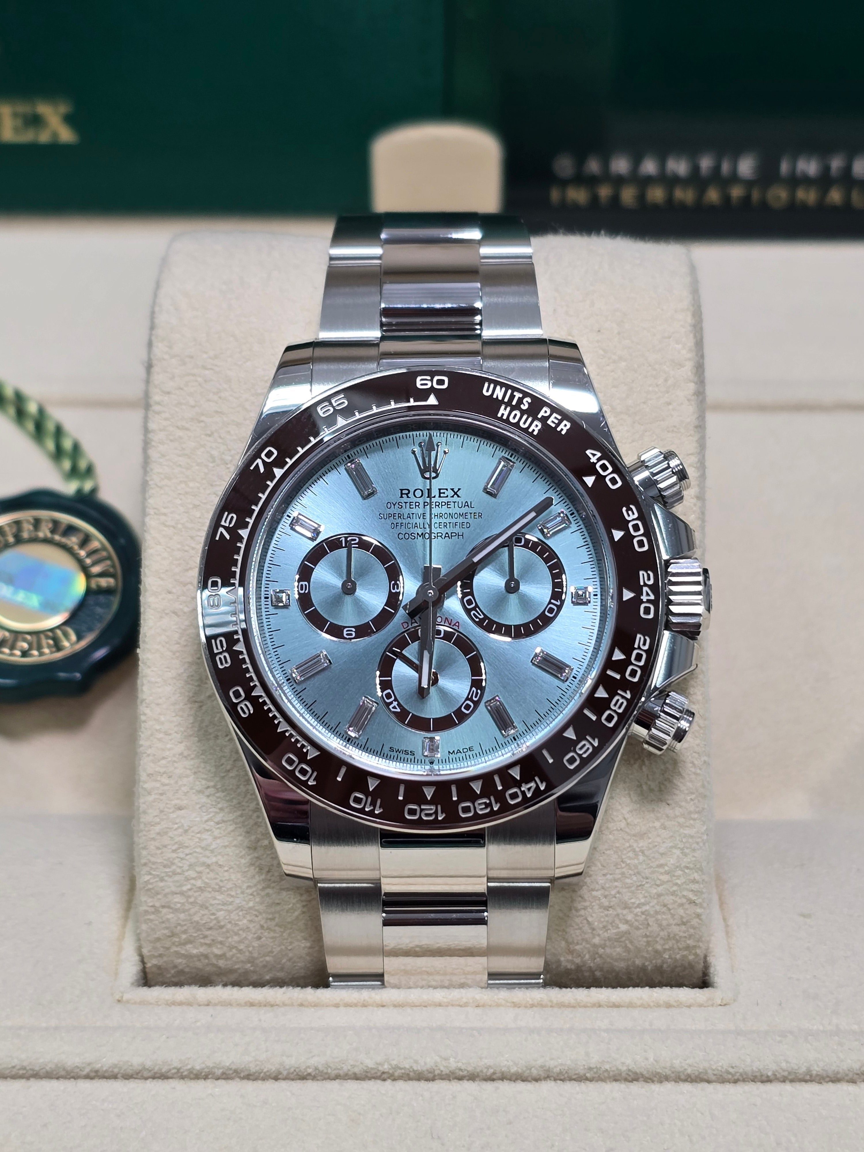 Rolex Cosmograph Daytona "Platona" 40mm Platinum Ice Blue Diamond Baguette Dial