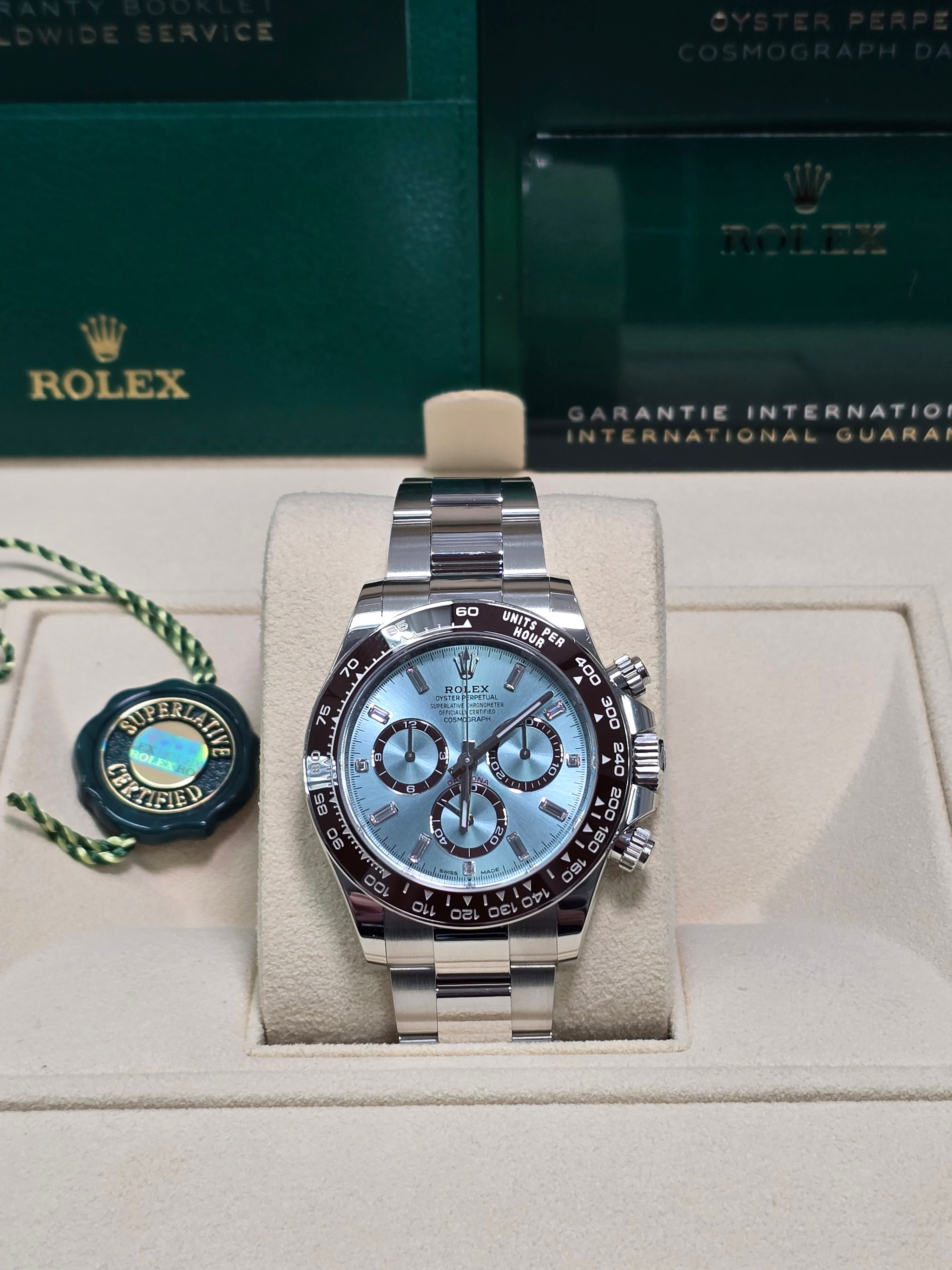 Rolex Cosmograph Daytona "Platona" 40mm Platinum Ice Blue Diamond Baguette Dial