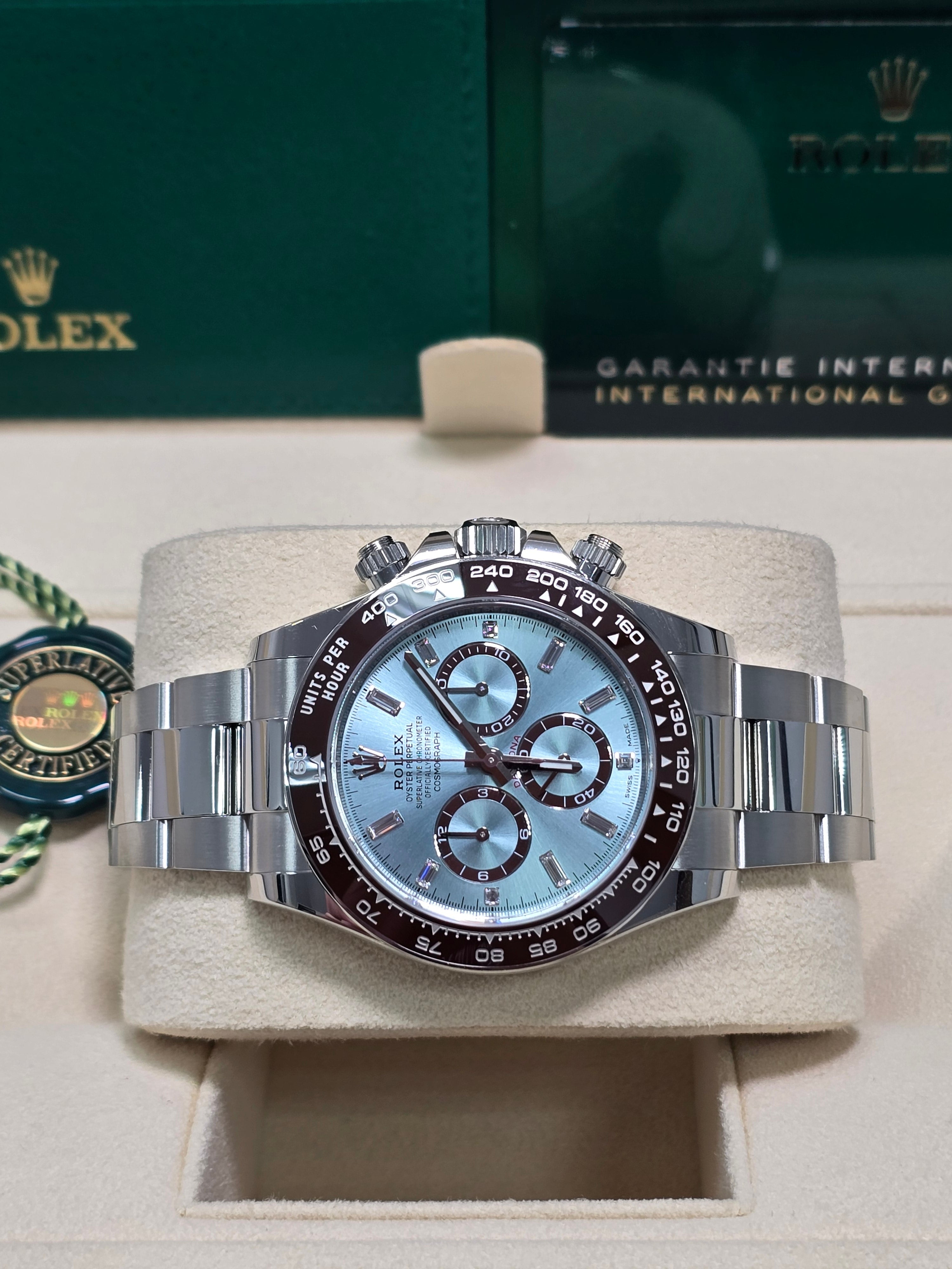 Rolex Cosmograph Daytona "Platona" 40mm Platinum Ice Blue Diamond Baguette Dial