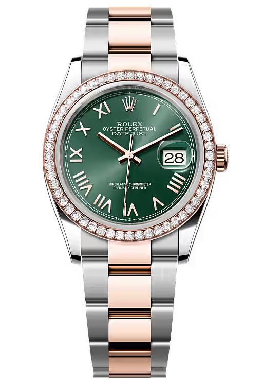 Rolex Datejust 36 Everose Rolesor Green Roman Dial Diamond Bezel Oyster Bracelet
