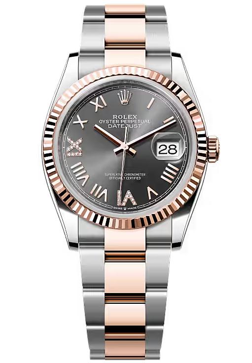 Rolex Datejust 36 Everose Rolesor Slate Diamond Roman Dial Fluted Bezel Oyster