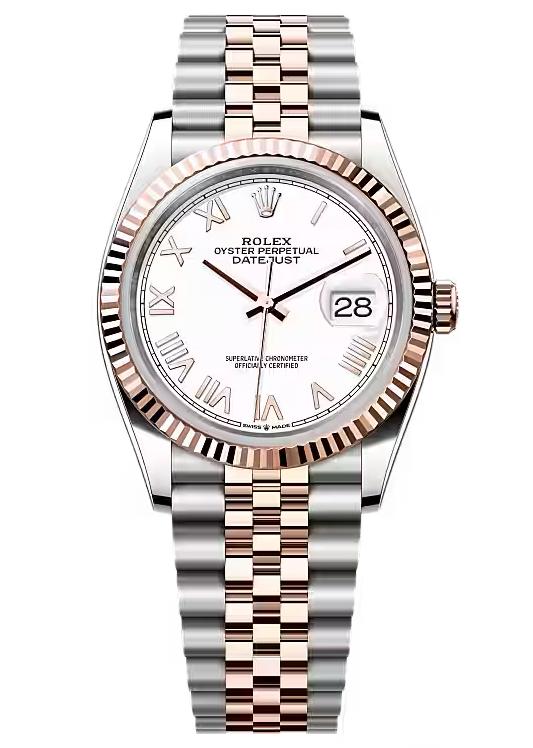 Rolex Datejust 36 Everose Rolesor White Roman Dial Fluted Bezel Jubilee