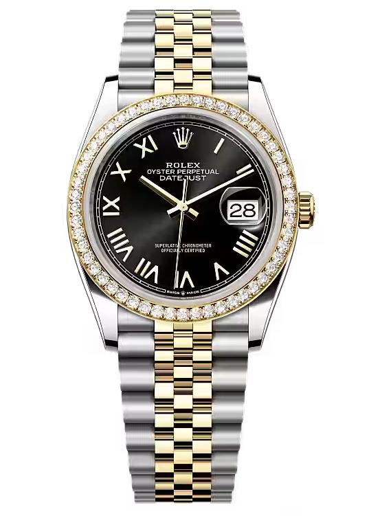 Rolex Datejust 36 Two-Tone Yellow Gold Black Roman Dial Diamond Bezel Jubilee